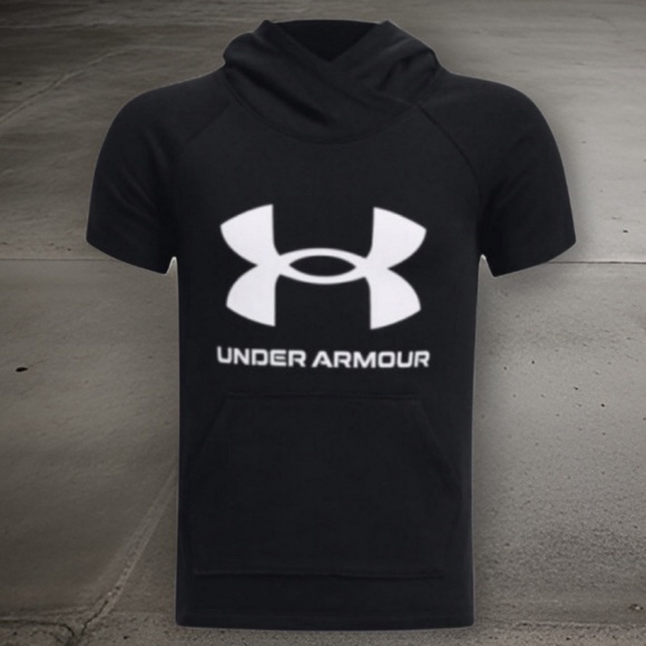 UNDER ARMOUR • Black Short Sleeve Hoodie Workout Rival Sweatshirt Athletic - Picture 2 of 4
